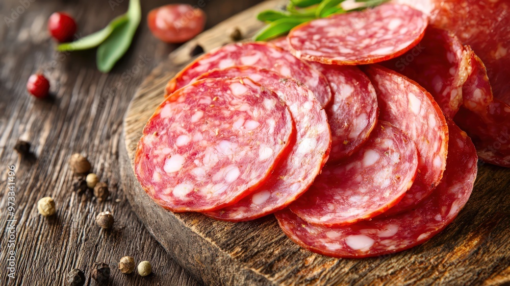 Sliced salami, showcasing the fine textures and rich colors of this popular cured meat, inviting a taste of culinary tradition. Sliced salami, showcasing the fine textures and rich colors of this popular cured meat, inviting a taste of culinary tradition.