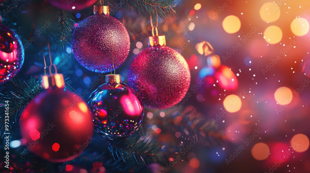 Close-up of red Christmas ornaments on a decorated tree with festive lights and bokeh effect in the background. Close-up of red Christmas ornaments on a decorated tree with festive lights and bokeh effect in the background.