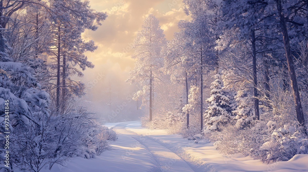 Soft evening light envelops a tranquil snowy forest, enhancing the serene and peaceful winter landscape. Soft evening light envelops a tranquil snowy forest, enhancing the serene and peaceful winter landscape.