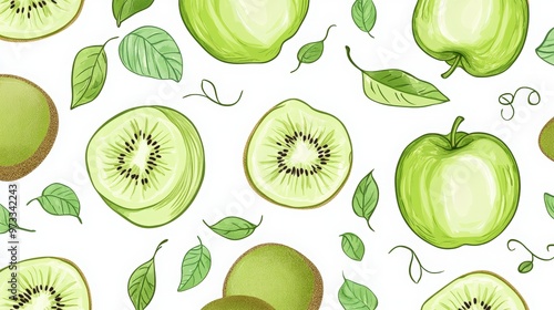 Green apples, kiwi, and curly leaves isolated on a white background. Seamless pattern with apples, kiwis. green fruits in a hand-drawn style for textile design or wallpaper.