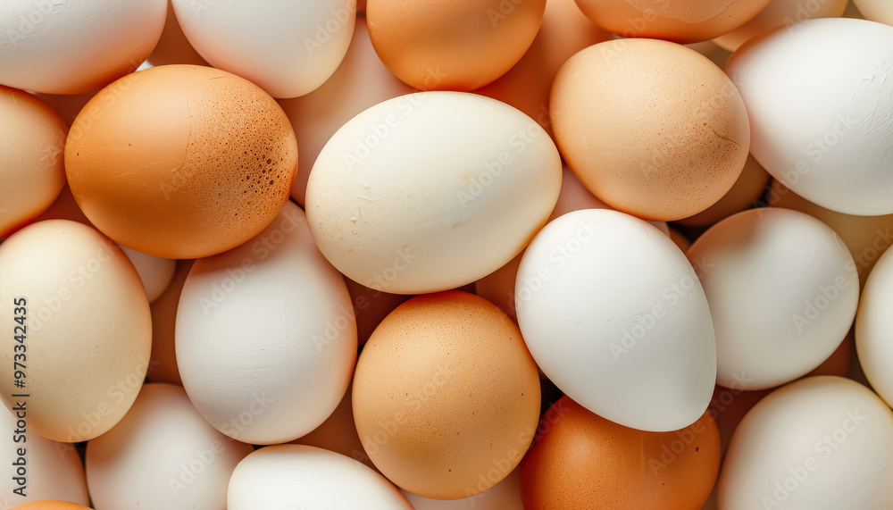 A bunch of eggs with some of them being white and some of them being brown. The eggs are all different sizes and are laid out in a pattern A bunch of eggs with some of them being white and some of them being brown. The eggs are all different sizes and are laid out in a pattern