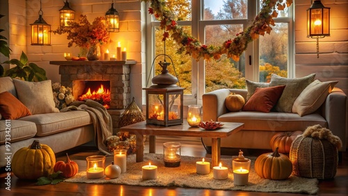 Spooky seasonal charm abounds in a cozy living room adorned with DIY lanterns, garlands, and creatively repurposed items, evoking a warm and inviting autumn ambiance.