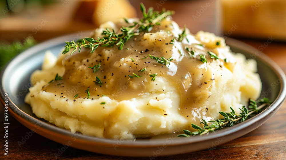Creamy mashed potatoes topped with savory gravy and fresh herbs served on a rustic plate Creamy mashed potatoes topped with savory gravy and fresh herbs served on a rustic plate