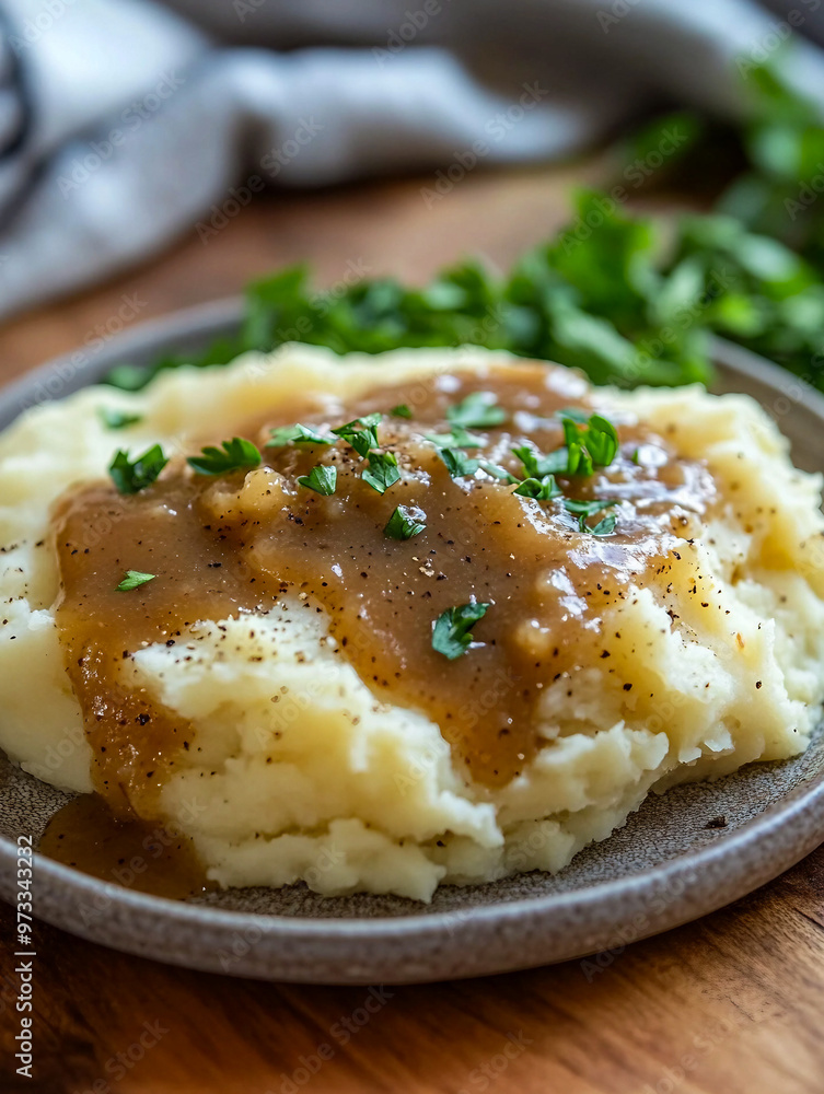 Creamy mashed potatoes topped with savory gravy and fresh herbs on a rustic wooden table Creamy mashed potatoes topped with savory gravy and fresh herbs on a rustic wooden table