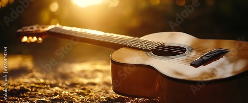 Acoustic guitar lying on ground with golden sunset light. photo