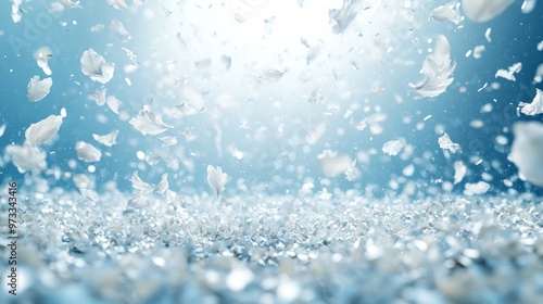 White feathers falling down on blue glitter background