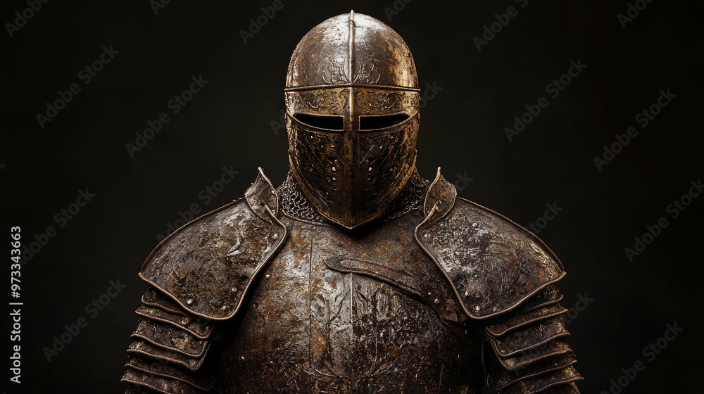A knight in full armor, his helmet obscuring his face, stands against a dark background, with a look of determination. A knight in full armor, his helmet obscuring his face, stands against a dark background, with a look of determination.