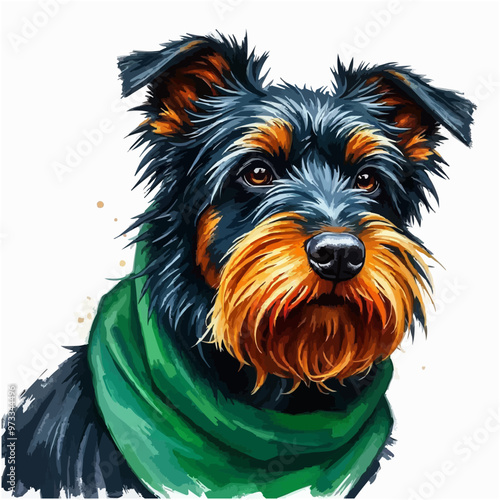 Cheerful dog oil painting with a scarf , funny, cheerful, dog, oil painting, humor, colorful, art, pet. black and brown color cute dog editable vector illustration. Dog digital art.