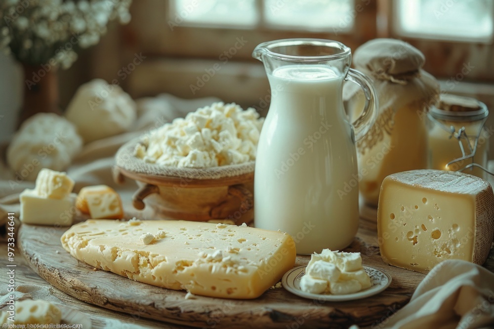 various dairy products arranged on a wooden table, with a pastoral feel. Capture a jug of milk, an assortment of cheeses, and fresh butter in soft natural lighting, highlighting the creamy textures various dairy products arranged on a wooden table, with a pastoral feel. Capture a jug of milk, an assortment of cheeses, and fresh butter in soft natural lighting, highlighting the creamy textures
