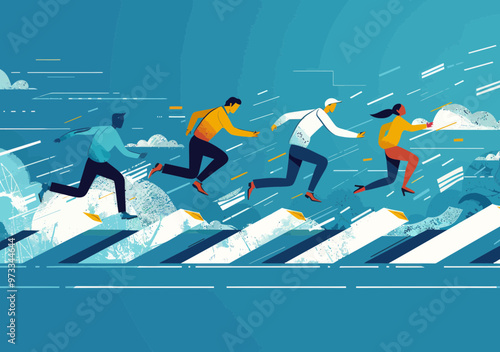 Team Overcoming Business Obstacles Illustrative Vector, Workers Leaping Over Hurdles, Conceptual Illustration of Business Challenges and Success, Corporate Teamwork, Dynamic and Motivational Theme