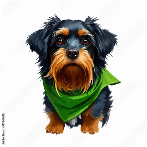 Cheerful dog oil painting with a scarf , funny, cheerful, dog, oil painting, humor, colorful, art, pet. black and brown color cute dog editable vector illustration. Dog digital art.
