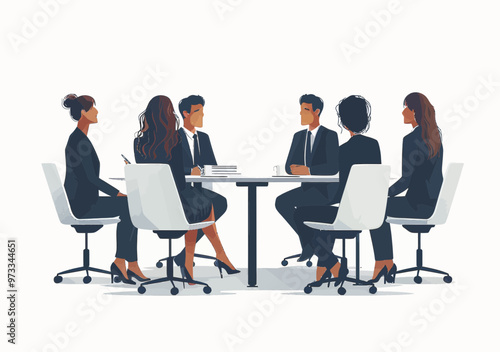 Team Business Plan Meeting Discussion at Round Table, Professional Office Setting, Daytime, Vector Minimalist Illustration