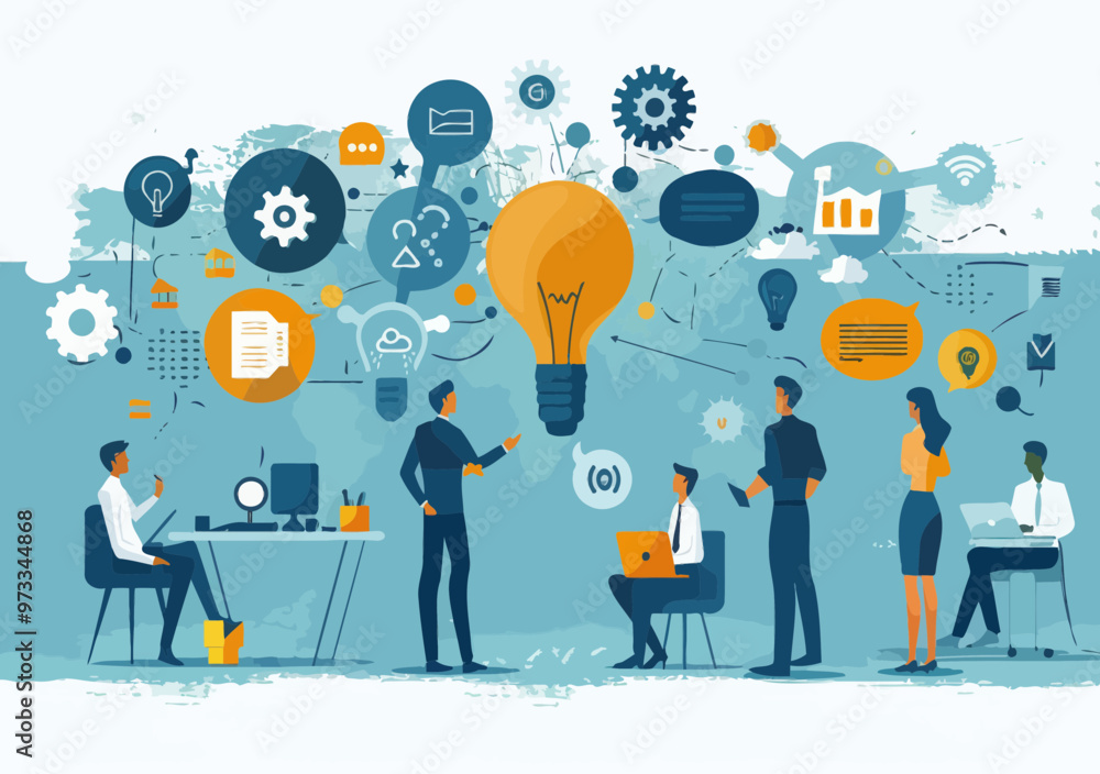 Business Team Collaboration and Brainstorming Concept Illustration with Main Idea Light Bulb, Office Workers Discussing and Sharing Innovative Ideas, Minimalistic Style Business Team Collaboration and Brainstorming Concept Illustration with Main Idea Light Bulb, Office Workers Discussing and Sharing Innovative Ideas, Minimalistic Style