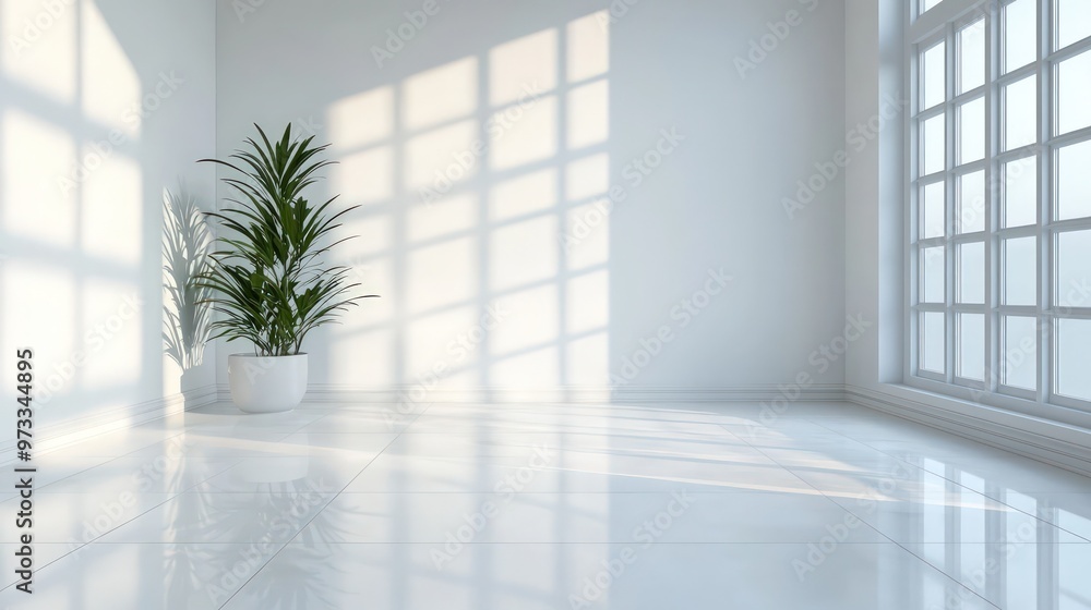 3D rendering of a bright and clean white room with ceramic tile flooring and minimalist design. 3D rendering of a bright and clean white room with ceramic tile flooring and minimalist design.