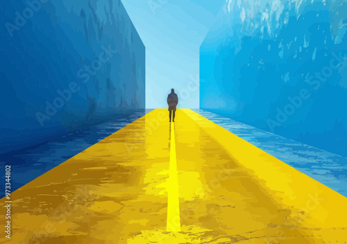 Goal Achievement Concept: Silhouette on Yellow Road to Success, Minimalistic Business Illustration, Blue Background Motivational Vector Art