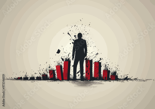 Silhouette Businessman Stopping Domino Effect Symbolizing Crisis Management and Support, Conceptual Vector Illustration of Business Resilience and Preventing Financial Collapse