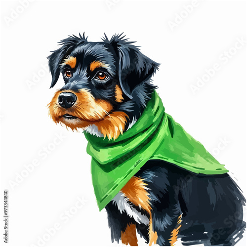 Cheerful dog oil painting with a scarf , funny, cheerful, dog, oil painting, humor, colorful, art, pet. black and brown color cute dog editable vector illustration. Dog digital art.