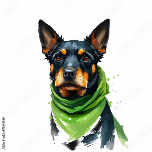 Cheerful dog oil painting with a scarf , funny, cheerful, dog, oil painting, humor, colorful, art, pet. black and brown color cute dog editable vector illustration. Dog digital art.
