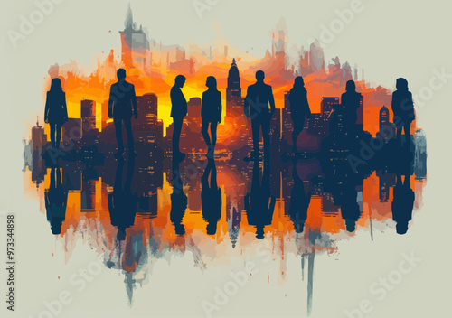 Business Team Discussing Goals with City Silhouette Background at Sunset - Vector Illustration for Corporate Strategy, Urban Planning, Company Success, and Team Collaboration Concepts