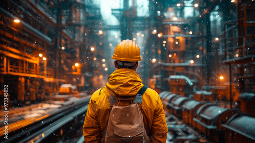 Man with a hard hat in the foreground with his back facing the camera, industrial plant.