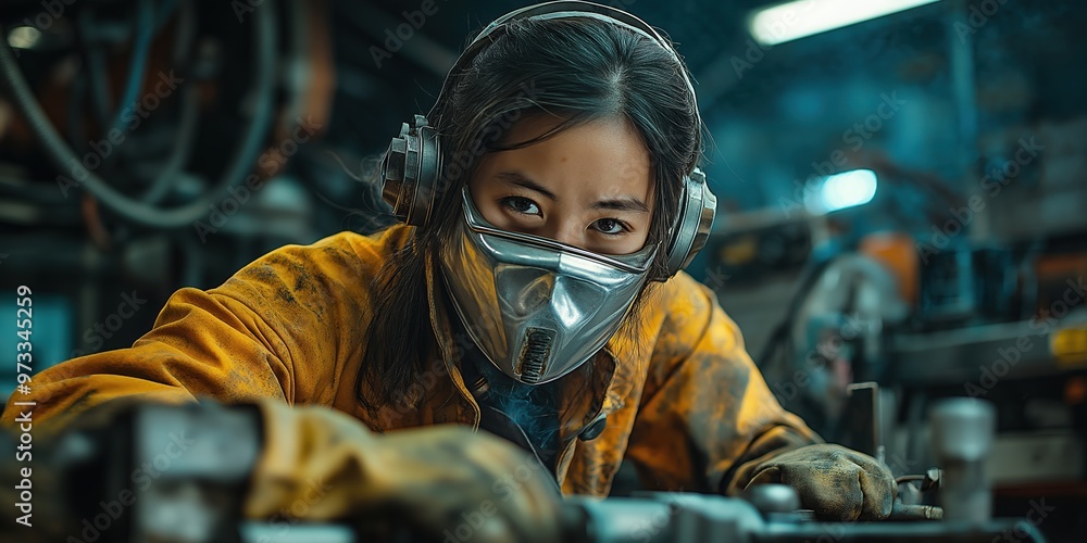 A person in welding attire is engaged in intricate welding tasks, with visible sparks and intense light from the torch A person in welding attire is engaged in intricate welding tasks, with visible sparks and intense light from the torch