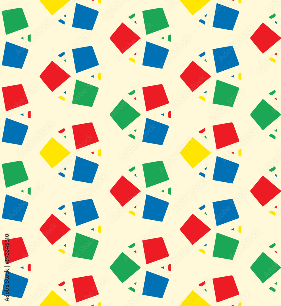 A geometric seamless pattern in red, blue, green, and yellow set against a light yellow background. The bold shapes and vibrant colors. perfect for textiles, wallpapers, or digital graphics. A geometric seamless pattern in red, blue, green, and yellow set against a light yellow background. The bold shapes and vibrant colors. perfect for textiles, wallpapers, or digital graphics.