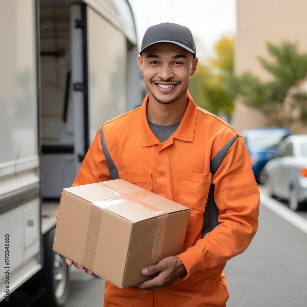 Delivery man holding cardboard box smiling at camera by delivery van Delivery man holding cardboard box smiling at camera by delivery van