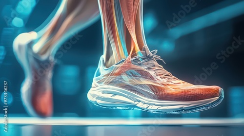 A close-up of a human leg in motion, focusing on muscle anatomy and the dynamics of movement in a running shoe.