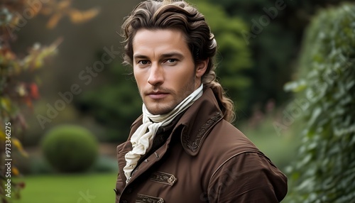 Handsome man in 18th century Regency attire amidst a blooming flower garden in a stunning close-up portrait