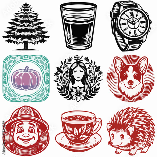Collection of vintage style illustrations including tree, drink, watch, pumpkin, woman, corgi, firefighter, tea cup, and hedgehog