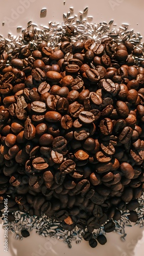 Close up view of heap of aromatic roasted coffee beans photo