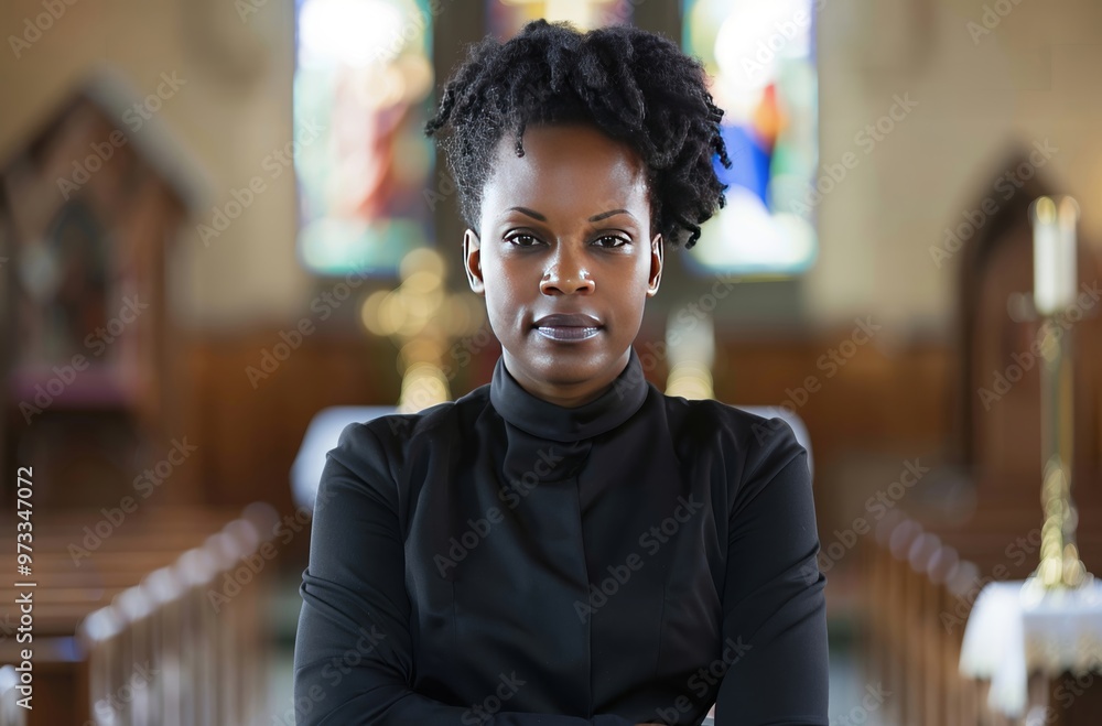 Confident female pastor standing in church with arms crossed Confident female pastor standing in church with arms crossed