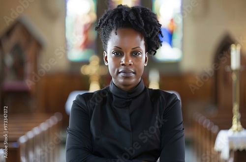 Confident female pastor standing in church with arms crossed photo