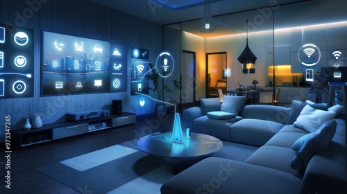 Modern Smart Home Living Room with Futuristic Tech