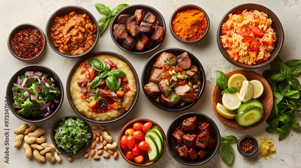 Assorted traditional dishes in bowls with fresh ingredients, colorful food spread, overhead view for restaurant marketing, culinary background, ideal for banners, menus, and food presentations
Assorted traditional dishes in bowls with fresh ingredients, colorful food spread, overhead view for restaurant marketing, culinary background, ideal for banners, menus, and food presentations