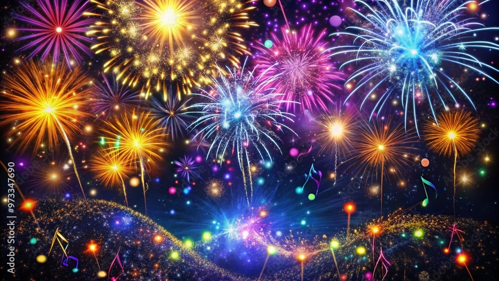 Vibrant, glittering fireworks explode in night sky against black background, accompanied by animated colorful confetti and flashing lights, with festive music notes and sound effects. Vibrant, glittering fireworks explode in night sky against black background, accompanied by animated colorful confetti and flashing lights, with festive music notes and sound effects.
