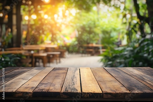 Rustic wooden picnic table in a sunlit garden, surrounded by nature's vibrant green