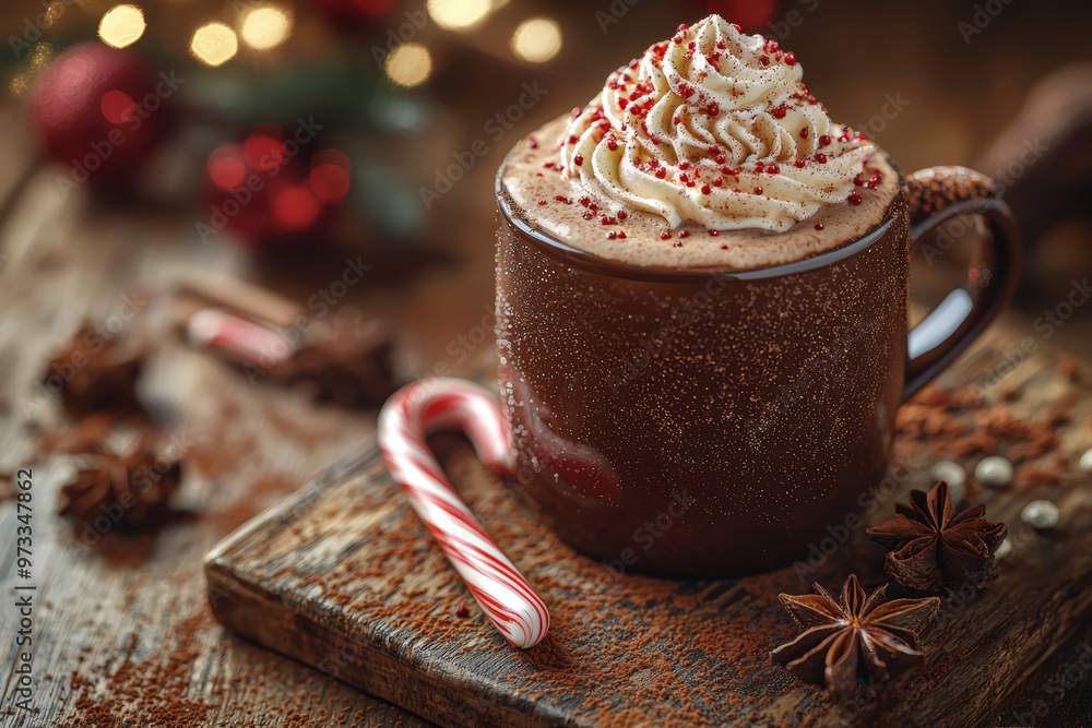 A steaming cup of hot cocoa topped with whipped cream and a candy cane. Concept of cozy holiday treats. A steaming cup of hot cocoa topped with whipped cream and a candy cane. Concept of cozy holiday treats.