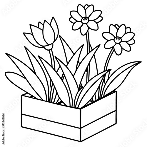 flowers on wooden box outline coloring book page line art drawing