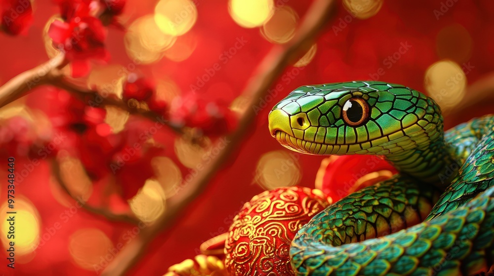 A festive scene of Chinese New Year with a green snake against a red and gold backdrop, symbolizing prosperity and celebration. A festive scene of Chinese New Year with a green snake against a red and gold backdrop, symbolizing prosperity and celebration.