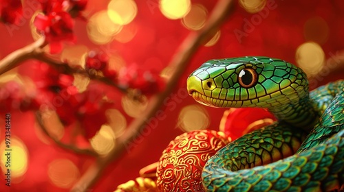 A festive scene of Chinese New Year with a green snake against a red and gold backdrop, symbolizing prosperity and celebration.