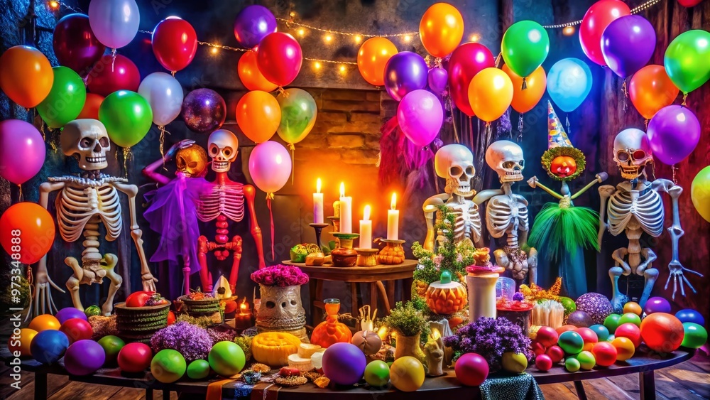 Vibrant and spooky Halloween party scene with elaborate decorations, colorful balloons, and playful skeletons, creating a lively and eerie atmosphere for a festive celebration. Vibrant and spooky Halloween party scene with elaborate decorations, colorful balloons, and playful skeletons, creating a lively and eerie atmosphere for a festive celebration.