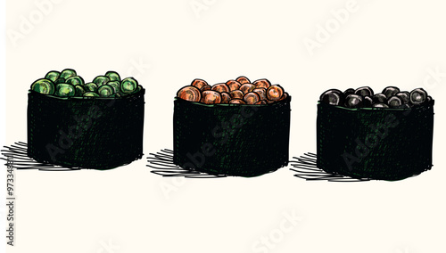 caviar ikura salon different three types colors red green black sushi delicious food asian japanees restaurant dish draw linear illustration isolated on white background