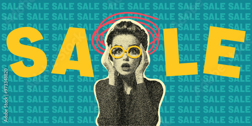 SALE Poster Design with Vintage Halftone Woman in Glasses