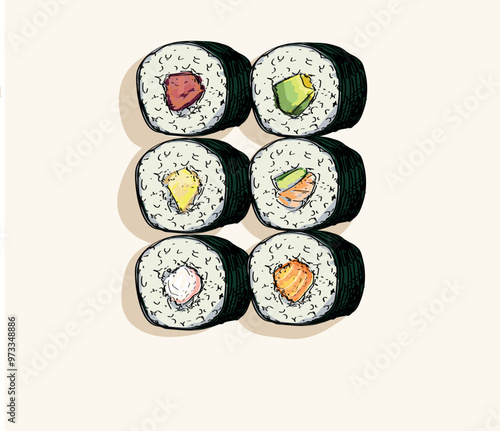 sushi different types of maki delicious food asian japanees restaurant dish draw linear illustration isolated on white background