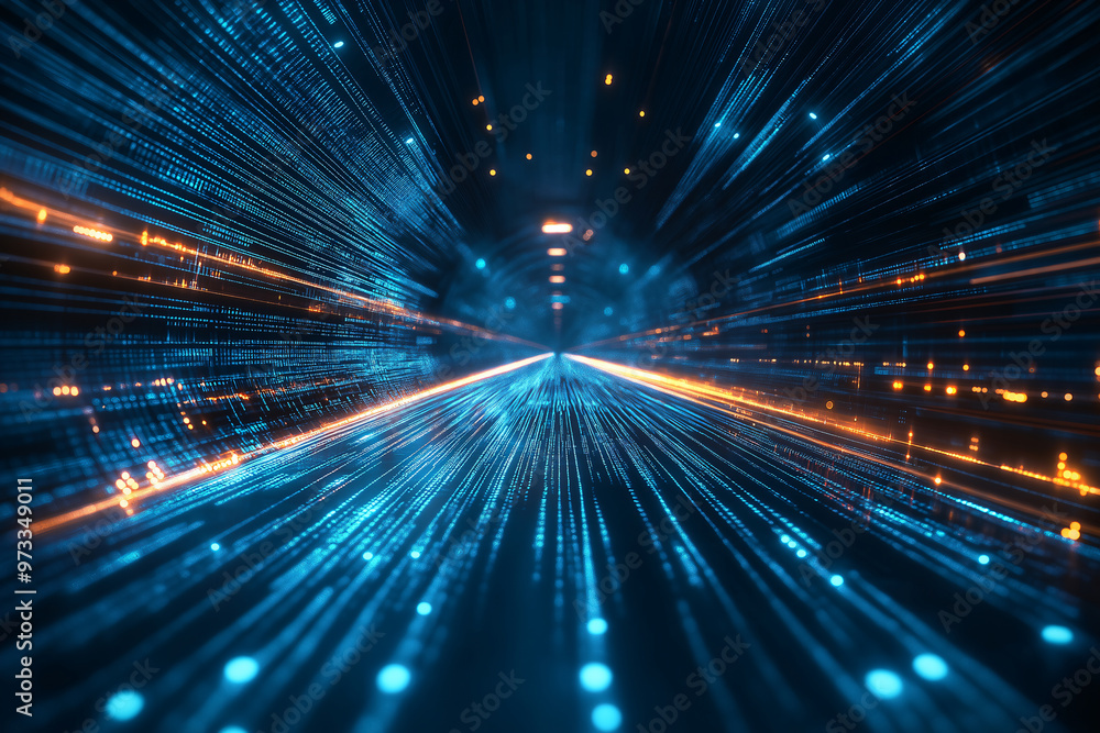 Obraz premium Futuristic digital data stream with blue and orange light trails, representing fast technology and data transfer