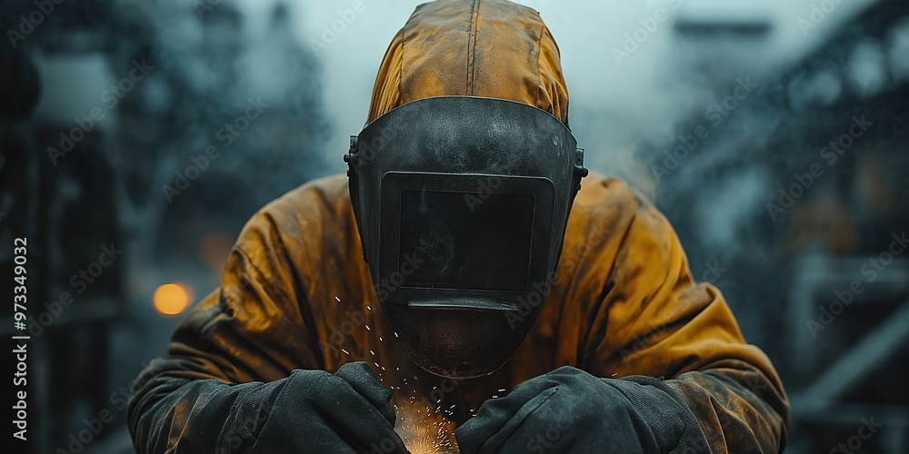 Fototapeta premium An individual in a welding mask performs metal work with precision, showcasing skill with bright arcs and visible sparks