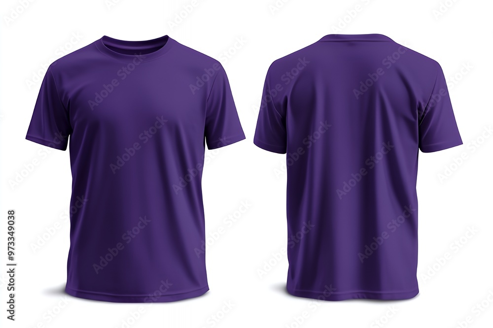 Purple t-shirt mockup isolated on white background, front and back views.