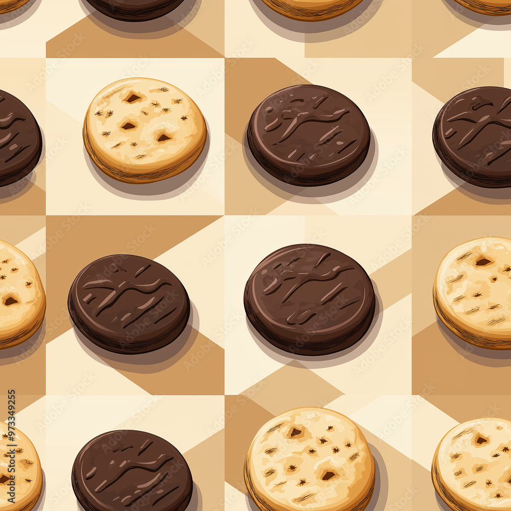 Seamless pattern with cookies, in squares. Brown colors, bakery theme background Seamless pattern with cookies, in squares. Brown colors, bakery theme background