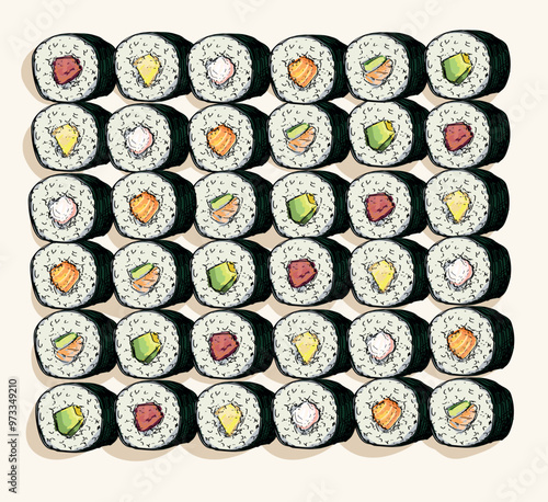sushi pattern different types of maki delicious food asian japanees restaurant dish draw linear illustration isolated on white background